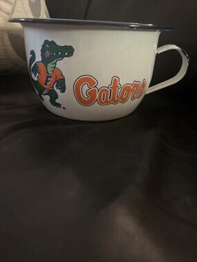 Vintage Florida Gators Enamelware Popcorn Bowl White Blue Rim Metal Lee Seed Co